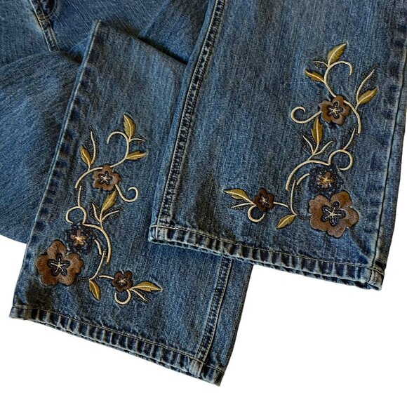 Vintage Faded Glory FLARE Blue jeans floral embroidered tan accent belt Missy 14 - Picture 5 of 14